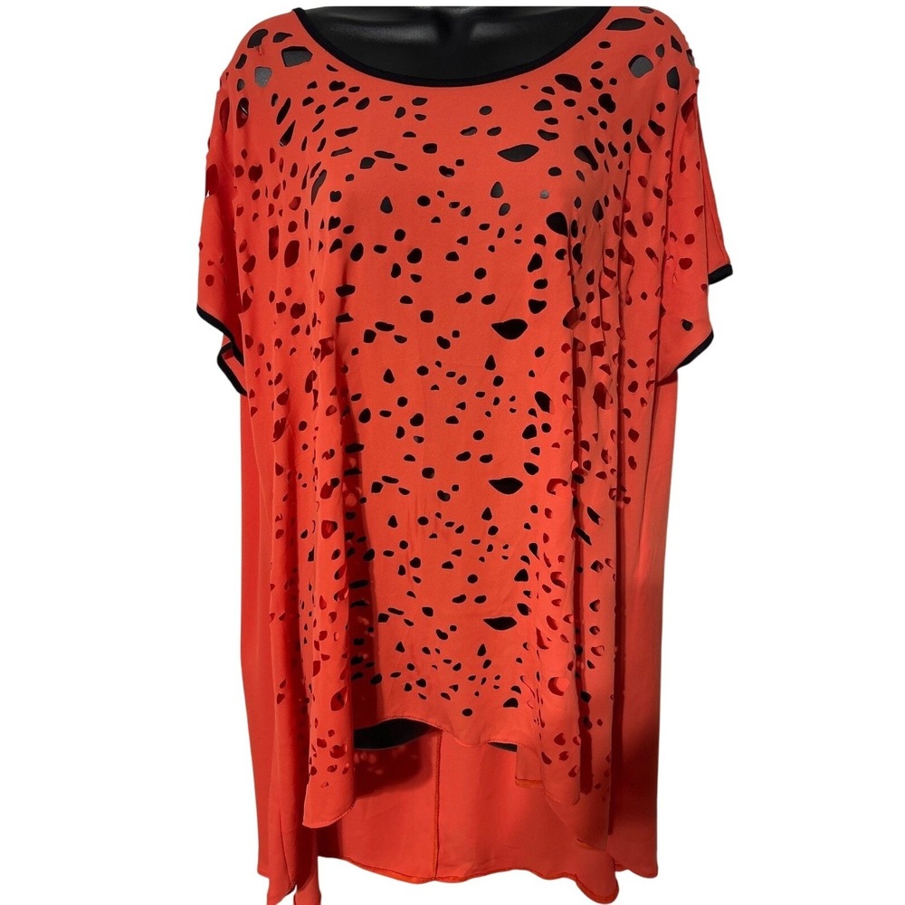 D'She Exclusive Orange Red Perforated Laser Cut High Low Tunic Top Size 2X‎